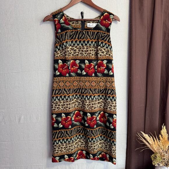 Kathie Lee Dress Size 8 Sleeveless Brown Red Floral Animal Print Tribal - Picture 2 of 9